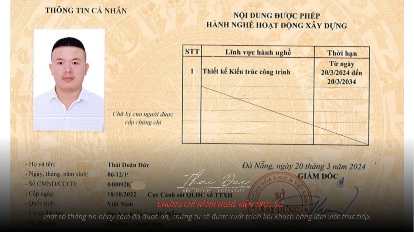 Chứng chỉ hành nghề kiến trúc sư của Thái Doãn Đức — bản đã ẩn thông tin nhạy cảm